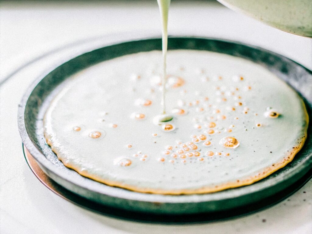 A flat-lay image of key ingredients for upgrading boxed pancake mix, including eggs, milk, vanilla extract, and melted butter on a rustic kitchen counter.