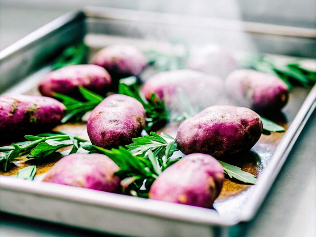 A close-up view of freshly baked purple sweet potatoes on a baking sheet, with wisps of steam rising, highlighting their rustic texture and vibrant color