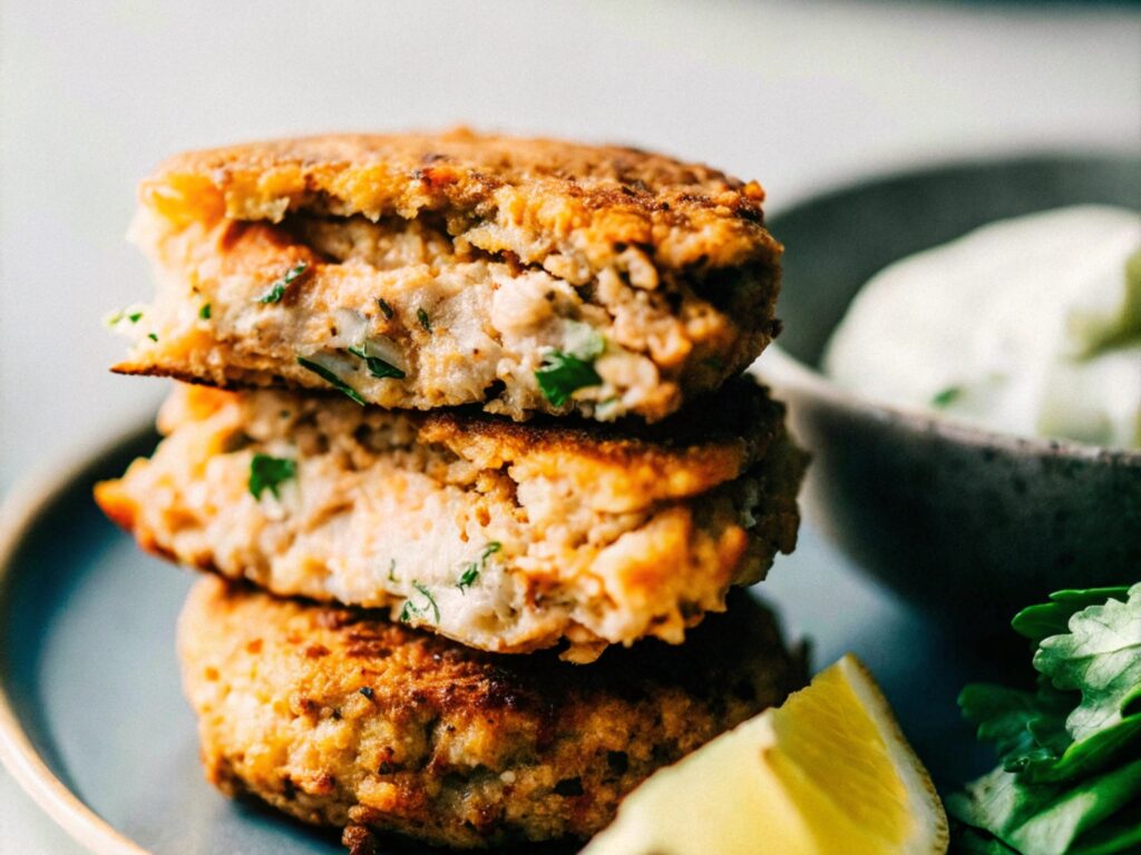 A close-up shot of golden salmon patties stacked on a plate, served with creamy tartar sauce and a lemon wedge