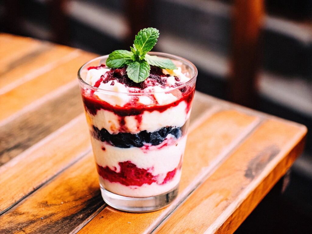 A layered berry parfait in a glass with creamy cottage cheese, fresh berries, granola, and a mint sprig on top, placed on a rustic wooden table