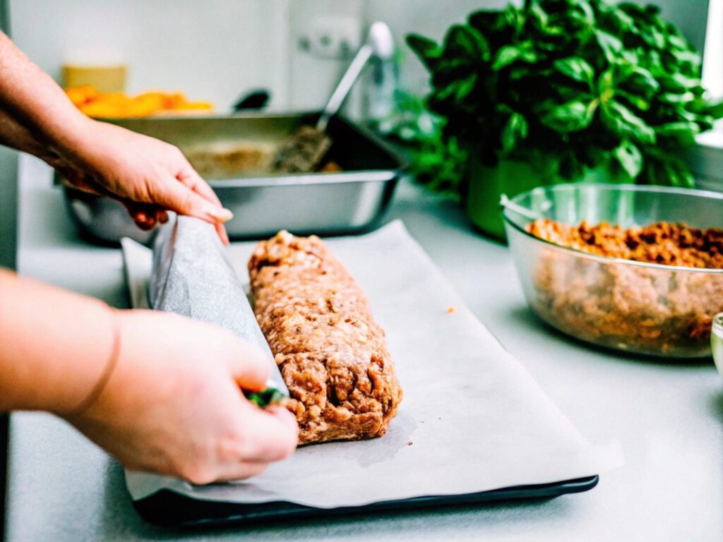 A bacon-wrapped smoked meatloaf on a wooden board, sliced to reveal a cheesy filling, surrounded by fresh herbs and sides.