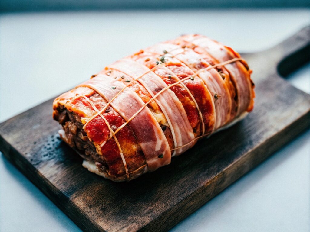 Shaped meatloaf wrapped in bacon on a wooden cutting board, sprinkled with seasonings, ready to be smoked