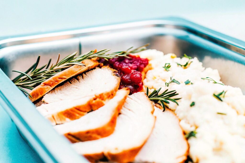 A holiday platter with sliced turkey, creamy mashed potatoes, and cranberry sauce garnished with fresh rosemary