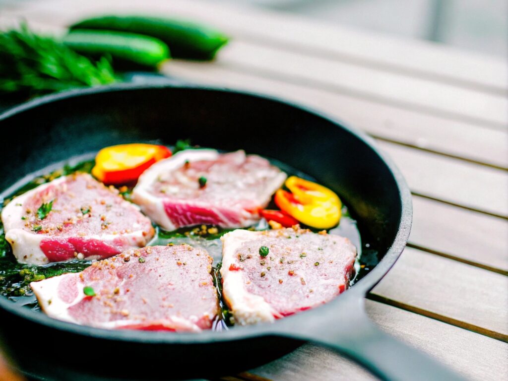 A juicy steak sizzling on a grill pan with light char marks, surrounded by colorful slices of bell peppers and onions