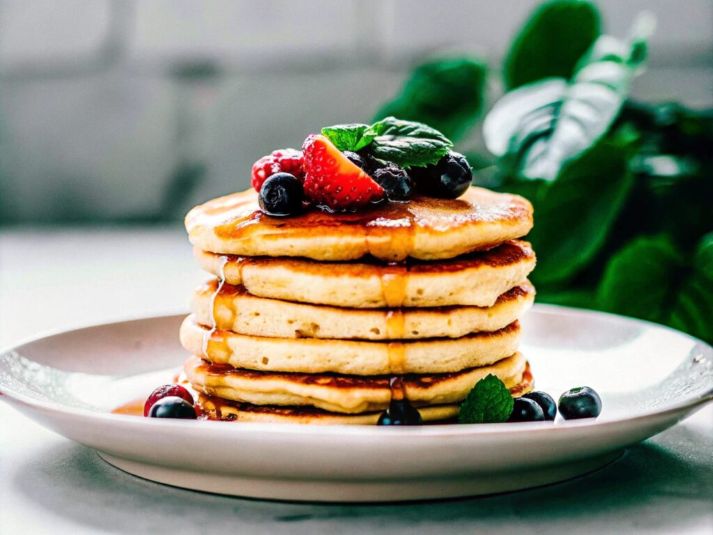 A stack of golden-brown cottage cheese pancakes topped with fresh strawberries, blueberries, and a drizzle of maple syrup