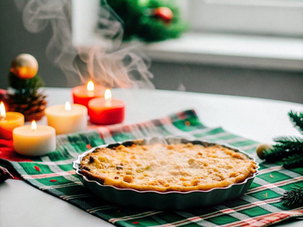 A festive table setting featuring a steaming dish of chicken dressing with a golden crust, surrounded by holiday decorations