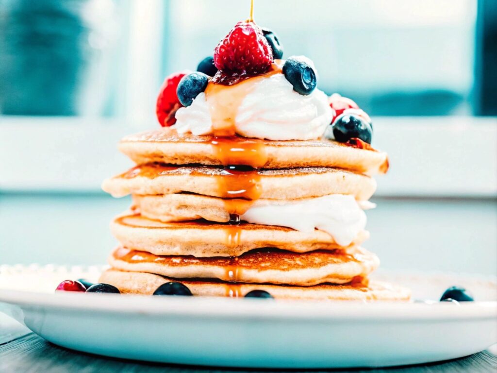 A tall stack of golden-brown pancakes garnished with fresh berries, a dollop of whipped cream, and maple syrup dripping down the sides