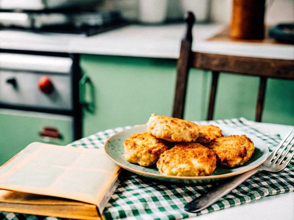 A vintage-style kitchen scene showcasing a plate of salmon patties on a checkered cloth, accompanied by an old cookbook and a fork.