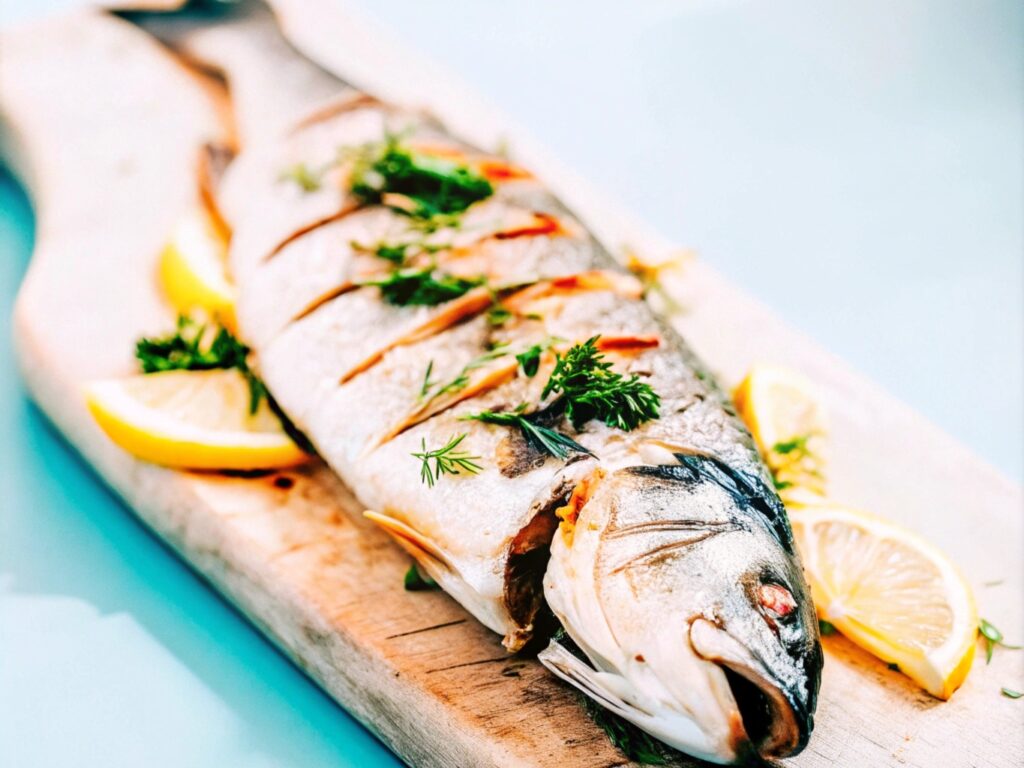 A whole branzino garnished with fresh herbs and lemon slices, served on a rustic wooden board