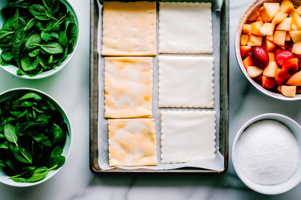 An array of puff pastry ingredients neatly arranged on a marble countertop, including pastry sheets, fresh fruit, a bowl of sugar, and a rolling pin