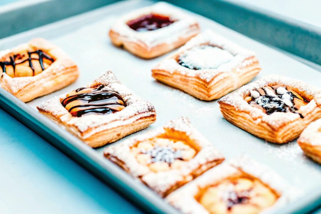 Freshly baked puff pastry desserts on a tray, some drizzled with chocolate and others dusted with powdered sugar