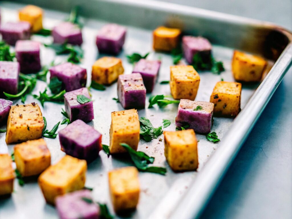 A tray of perfectly roasted purple sweet potato cubes with a golden-brown finish, sprinkled with fragrant herbs for added texture and aroma