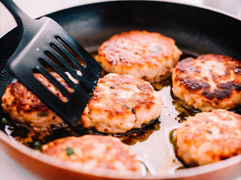 Golden salmon patties frying in a skillet, with a spatula mid-flip and sizzling oil surrounding the patties