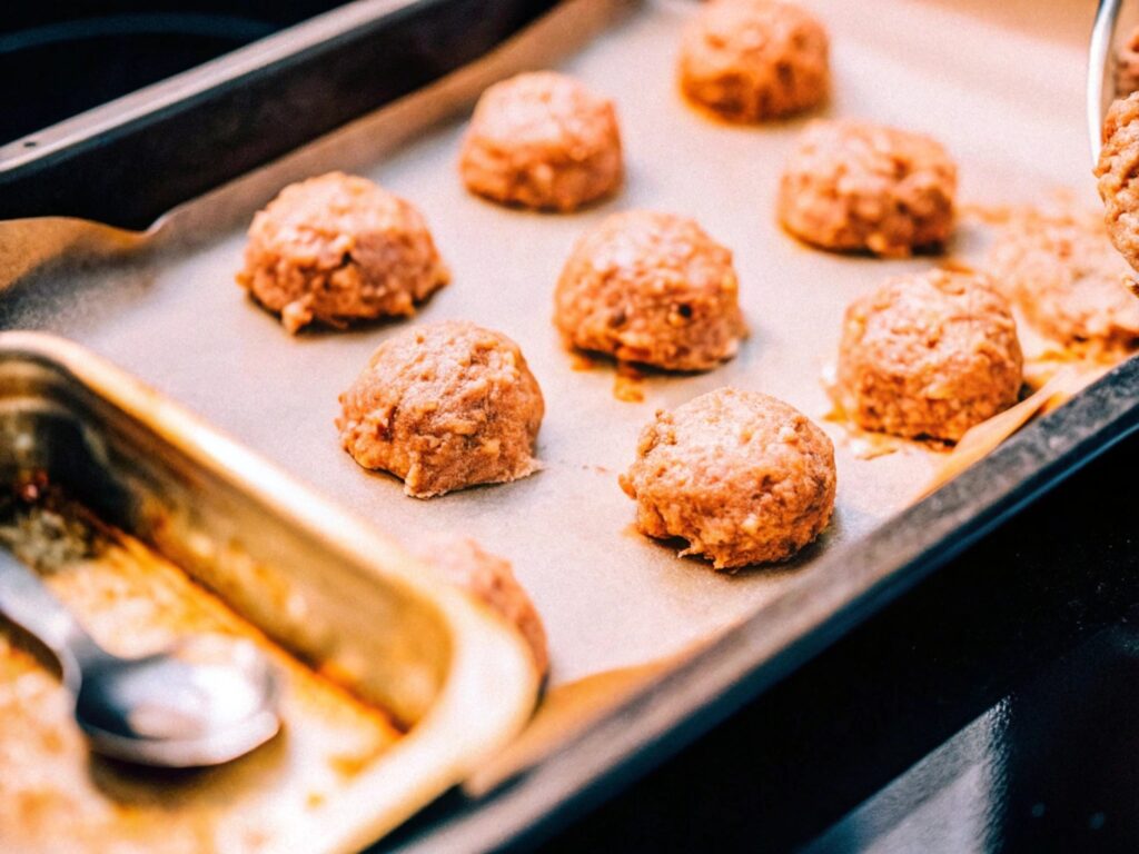 Salmon mixture being shaped into patties on a parchment-lined tray, with breadcrumbs and a can of salmon in the background