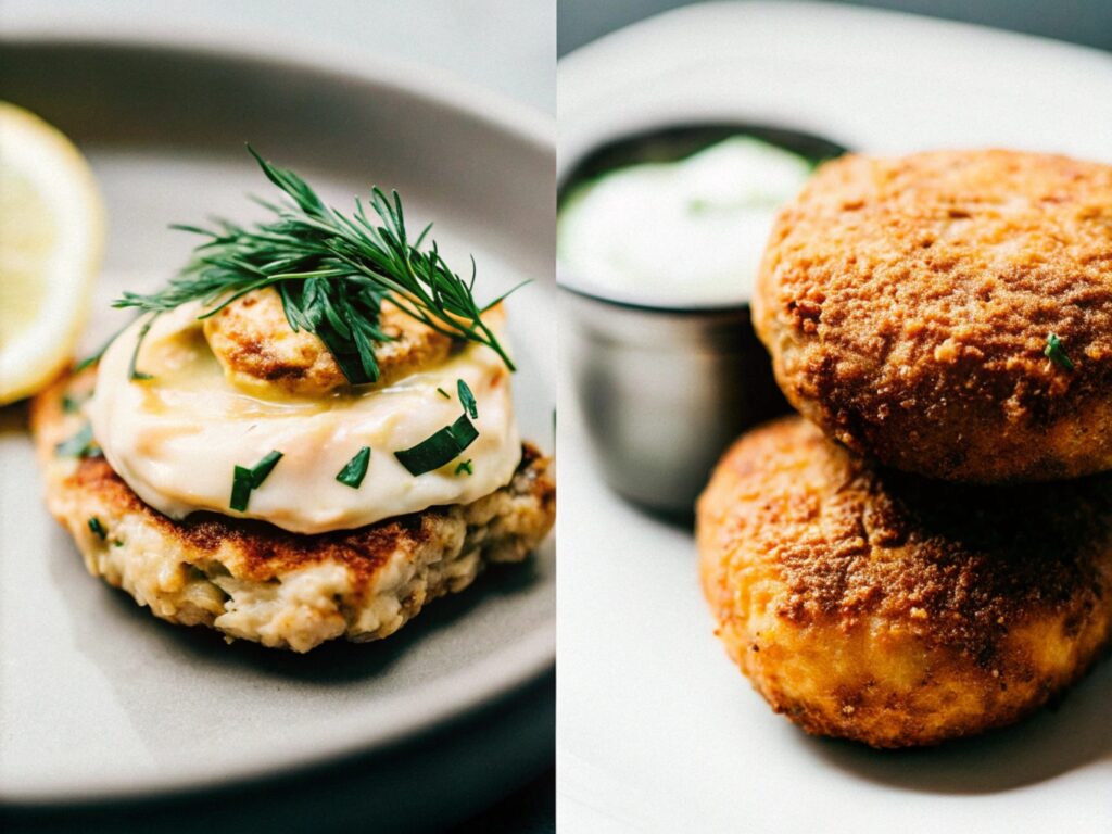 Salmon patty and croquette side by side on a plate, garnished with fresh herbs and accompanied by dipping sauces