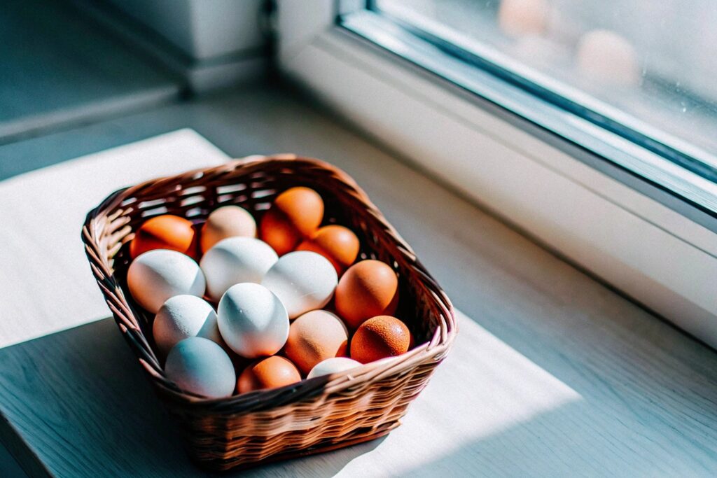 A basket filled with a mix of white and brown farm-fresh eggs, placed on a wooden table with sunlight streaming in through a nearby window