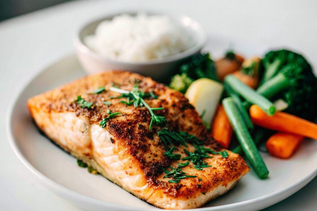 A beautifully cooked salmon fillet served with steamed vegetables and a side of rice