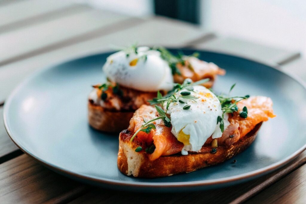 Grilled salmon fillet and sunny-side-up eggs on a plate, topped with fresh parsley