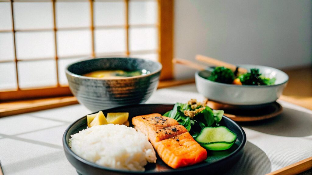 A beautifully plated Japanese breakfast featuring grilled salmon, rice, miso soup, and pickled vegetables, set on a tatami mat with natural light filtering through a shoji screen