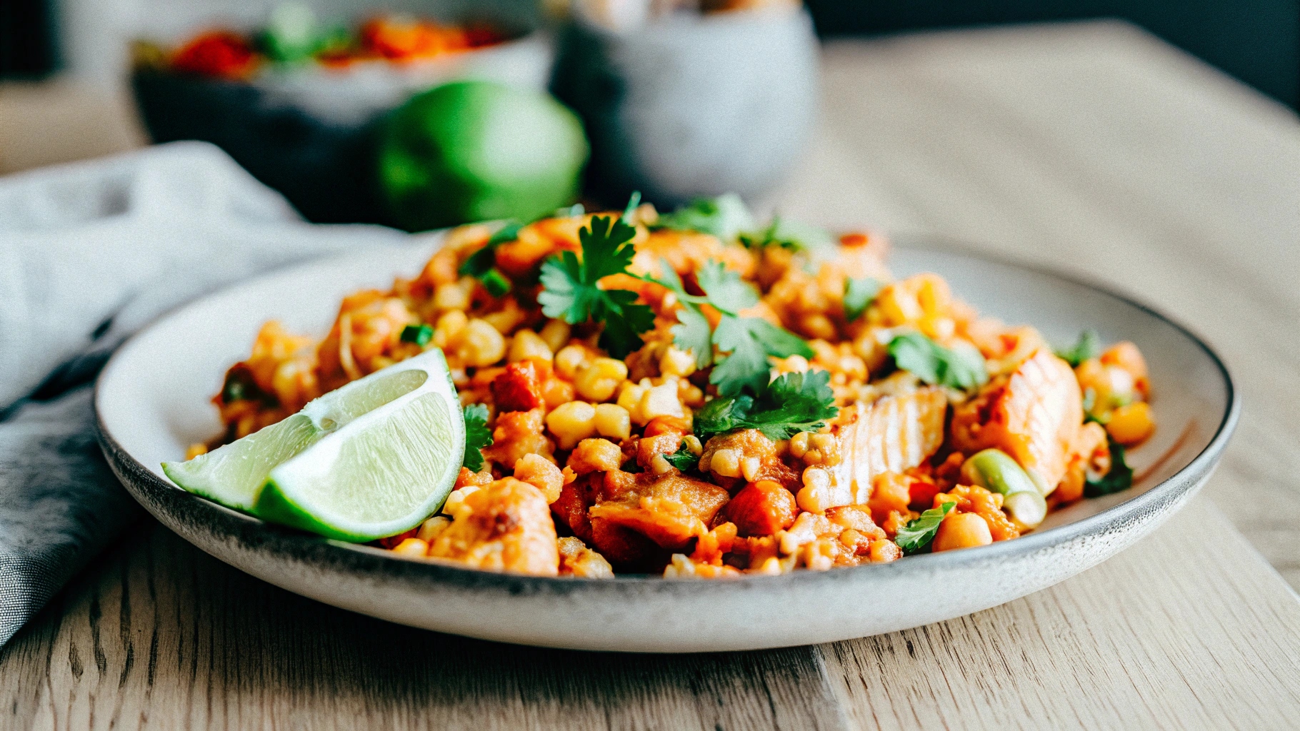 A beautifully plated serving of Mexican corn and chicken, garnished with cilantro and lime wedges, with a background of rustic kitchen decor.