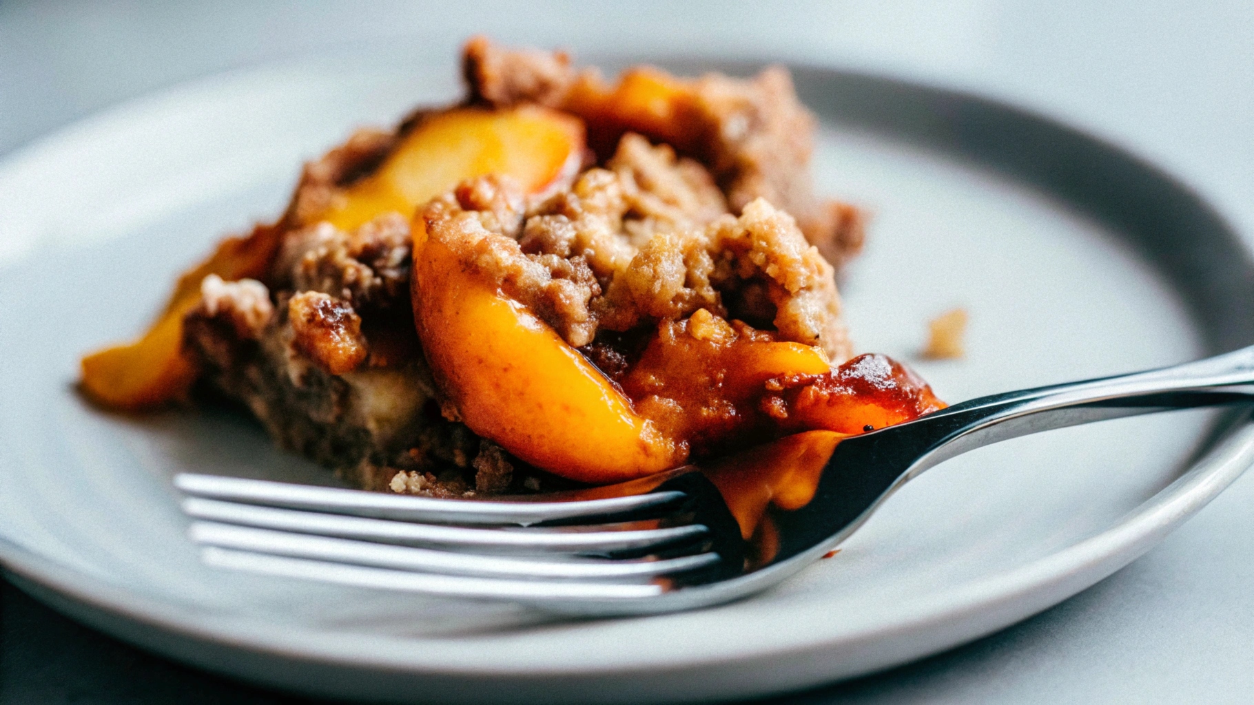 A variation of peach cobbler with added blueberries, topped with nuts and a sprinkle of cinnamon, served in a bowl