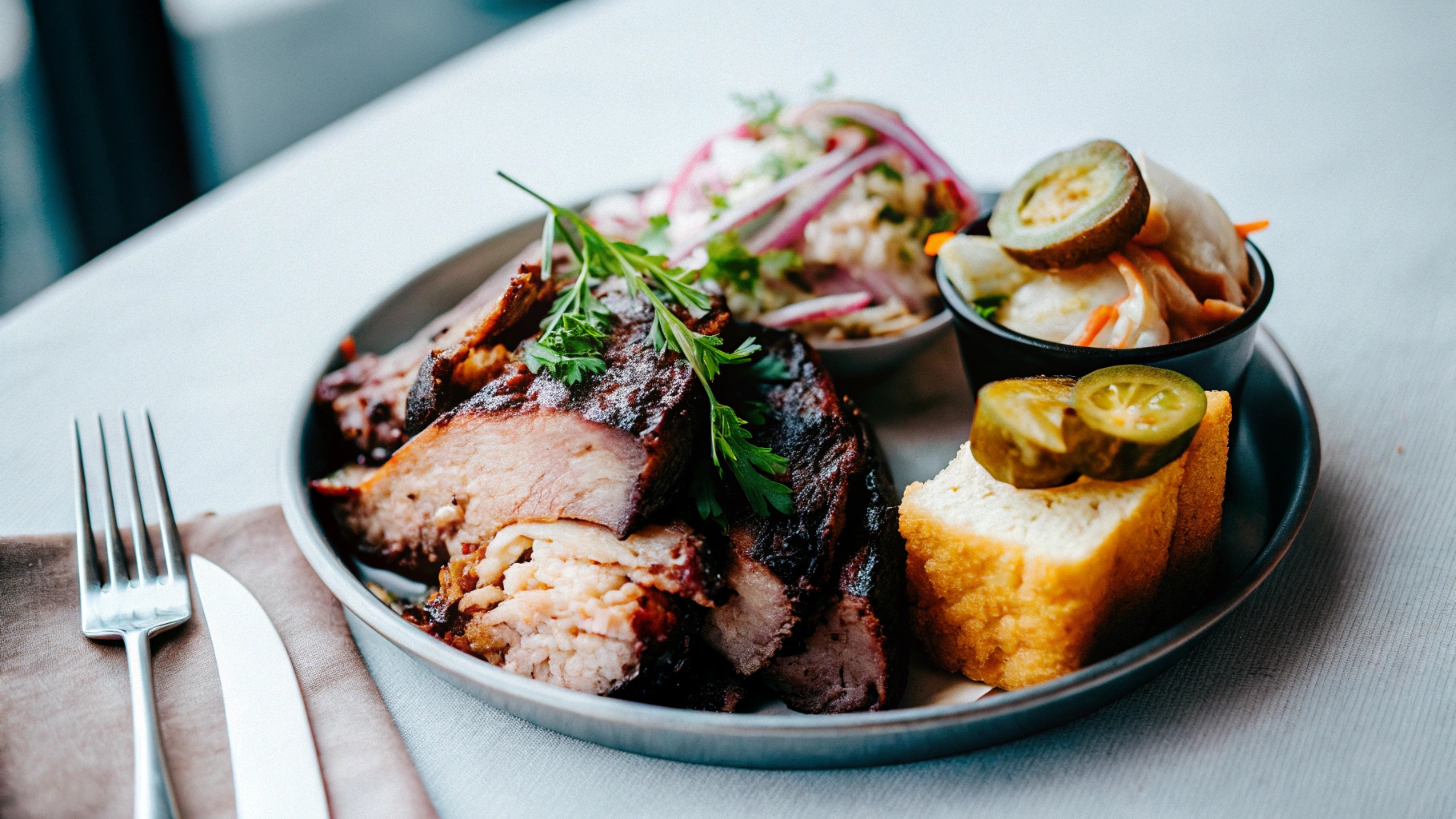 A beautifully plated smoked brisket served with sides like coleslaw, cornbread, and pickles on a table setting