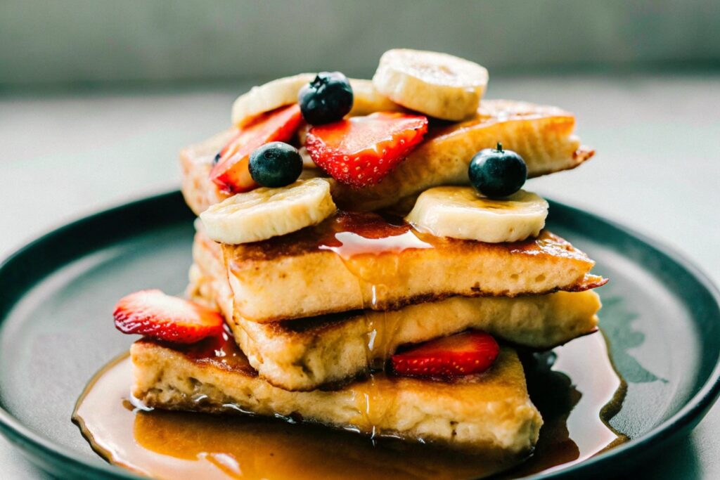 A stack of Hawaiian Roll French Toast, golden-brown and topped with fresh berries, mint leaves, and a drizzle of maple syrup, served on a white plate