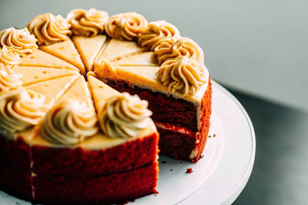 A beautifully sliced red velvet cake on a white plate, showcasing its vivid red color and creamy frosting layers