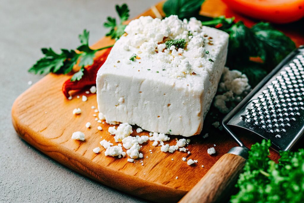 A block of cotija cheese crumbled on a wooden board, surrounded by fresh herbs and a cheese grater