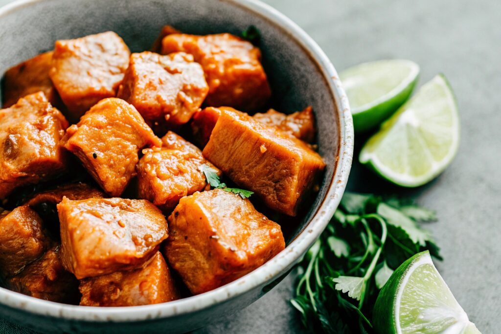 Alt text: Bowl of raw steak marinating in a smoky chipotle marinade with lime and fresh herbs