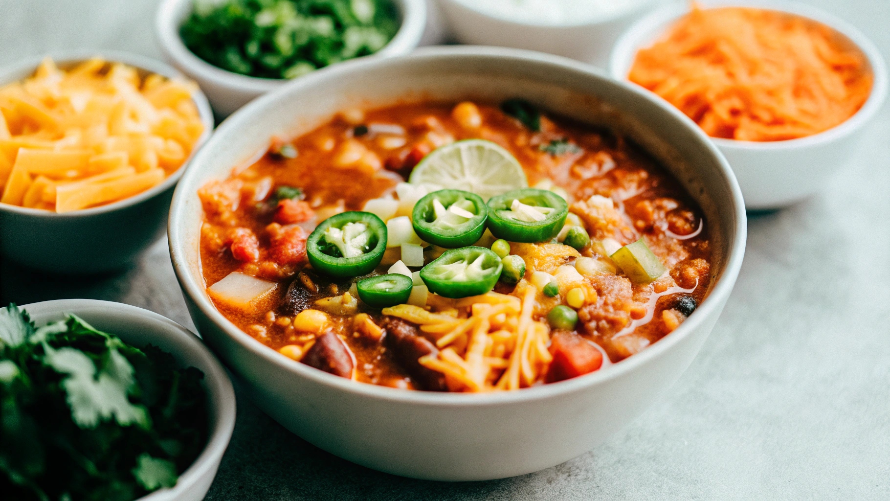 A bowl of taco soup surrounded by small bowls of toppings, including shredded cheese, jalapeños, lime wedges, and tortilla chips, on a wooden table