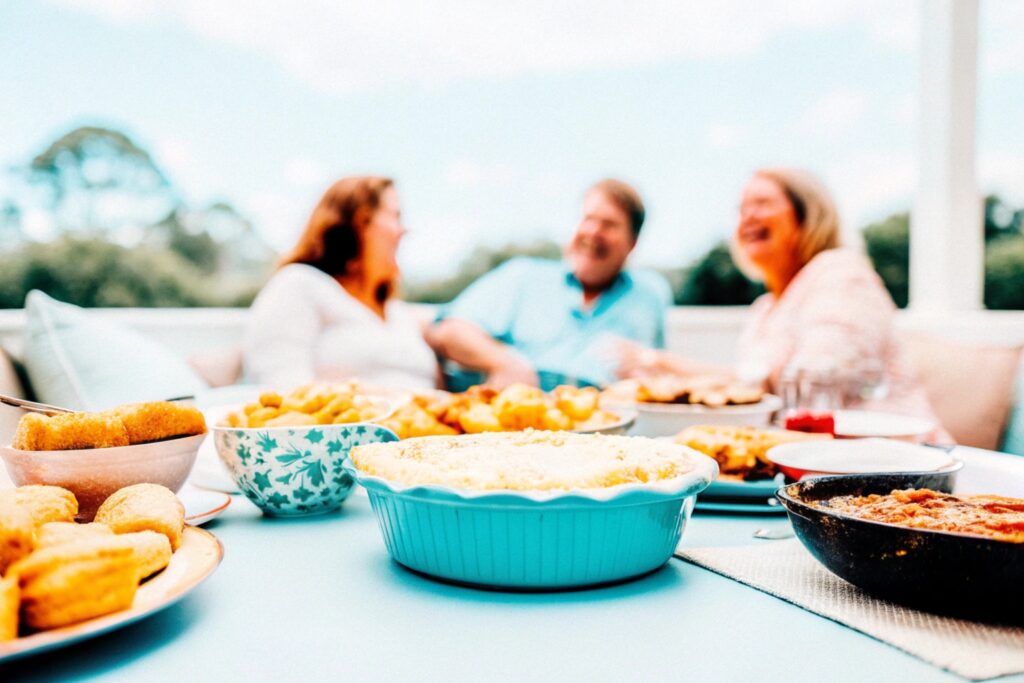 A cheerful outdoor gathering with a food-laden table featuring a large dish of banana pudding as the centerpiece.