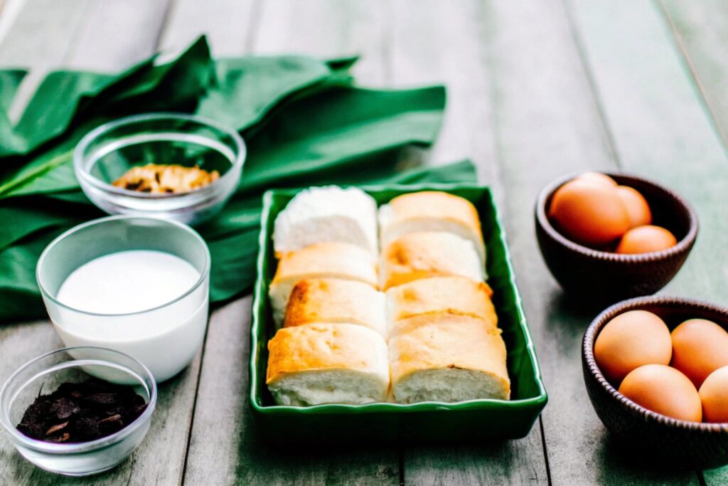 A collection of ingredients for Hawaiian Roll French Toast, including Hawaiian sweet rolls, eggs, milk, cinnamon, and vanilla, displayed on a rustic wooden table.