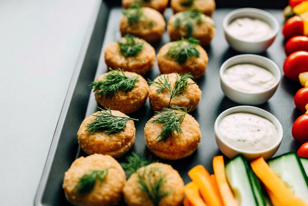 A colorful spread of salmon patties topped with fresh herbs on one plate, alongside salmon croquettes served with dipping sauces and vegetable garnishes.