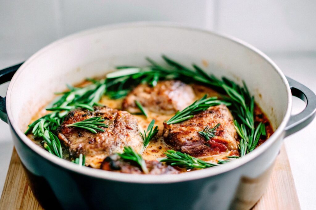 A Dutch oven filled with braised boneless short ribs, garnished with fresh rosemary and thyme, sitting on a rustic wooden countertop