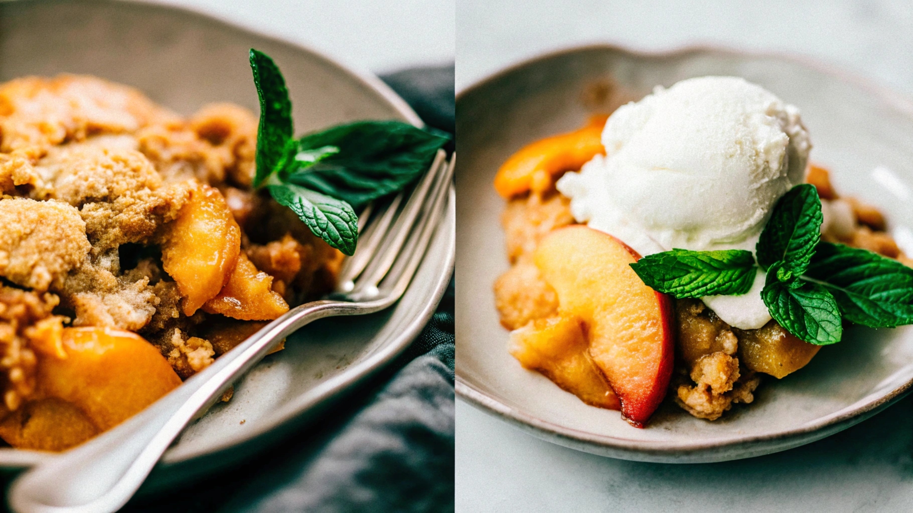 Peach cobbler and peach crumble served on separate plates, garnished with fresh mint leaves and accompanied by scoops of ice cream