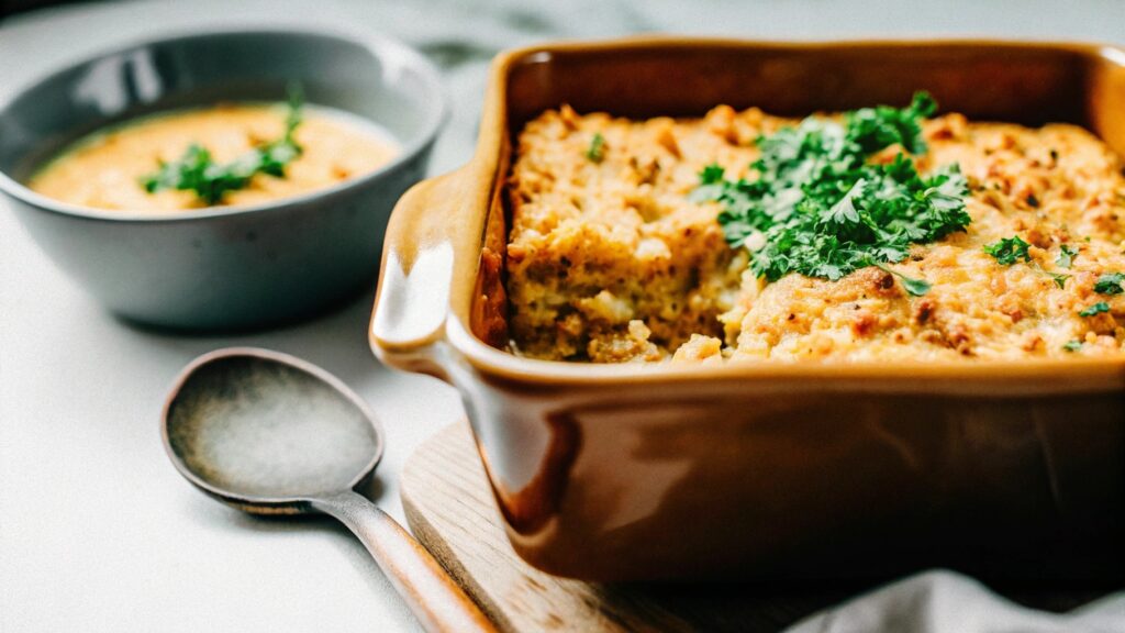 A freshly baked chicken dressing casserole in a rustic kitchen setting, displayed in a golden-brown baking dish. The casserole is topped with fresh parsley and surrounded by ingredients such as crumbled cornbread, shredded chicken, and a bowl of creamy soup. A serving spoon rests nearby on a wooden table, enhanced by warm and inviting lighting