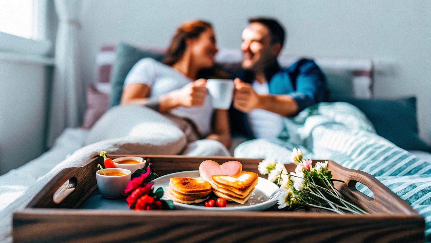 A happy couple sharing breakfast in bed with heart-shaped pancakes and fresh flowers on the tray, sunlight streaming in through the window.