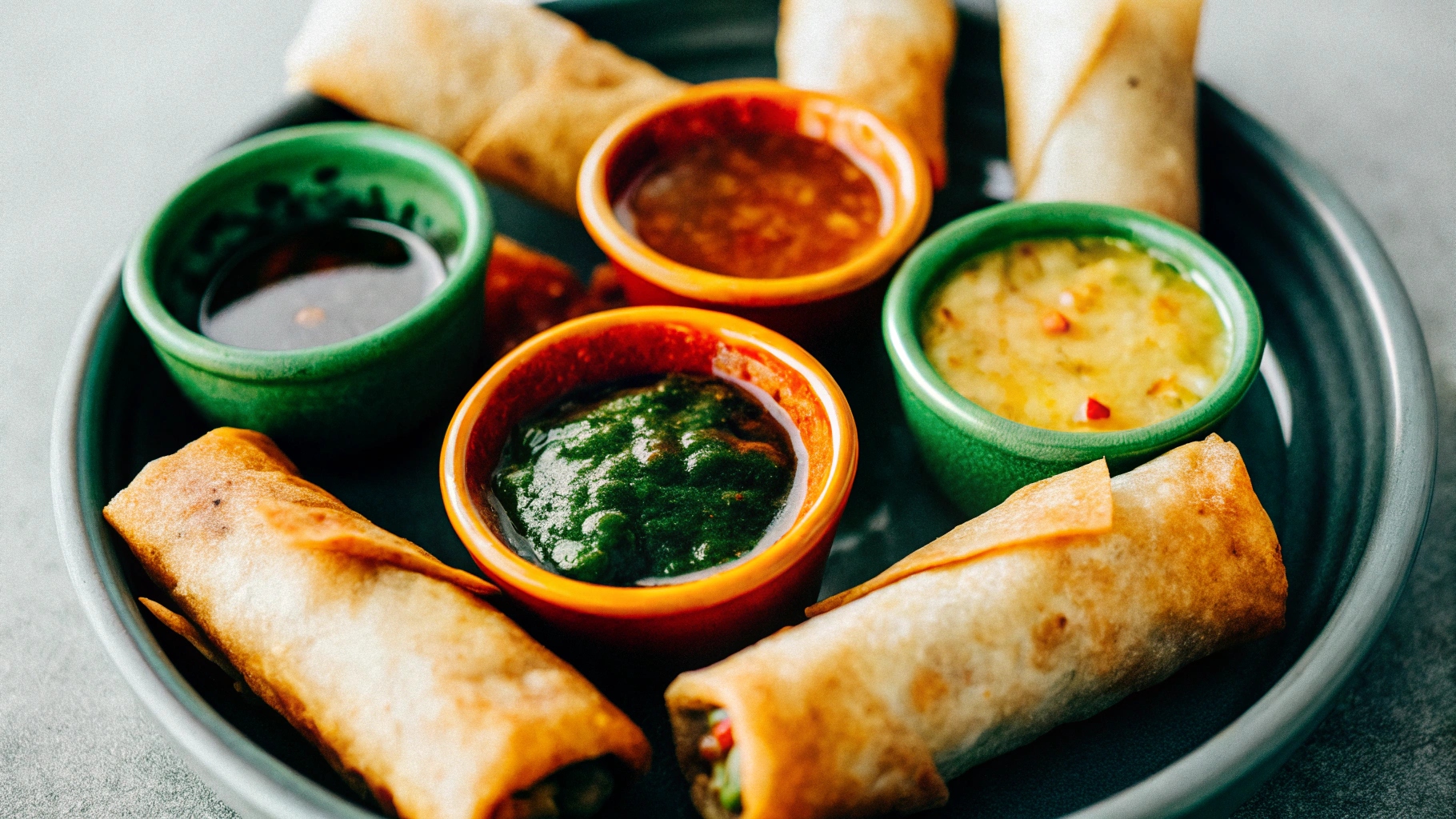 A plate of cream cheese jalapeño egg rolls served with colorful dipping sauces, perfect for parties or snacks