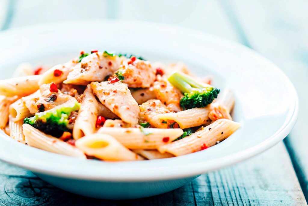 A plate of penne Alfredo with grilled chicken slices, steamed broccoli, and a sprinkle of red pepper flakes, served on a rustic wooden table