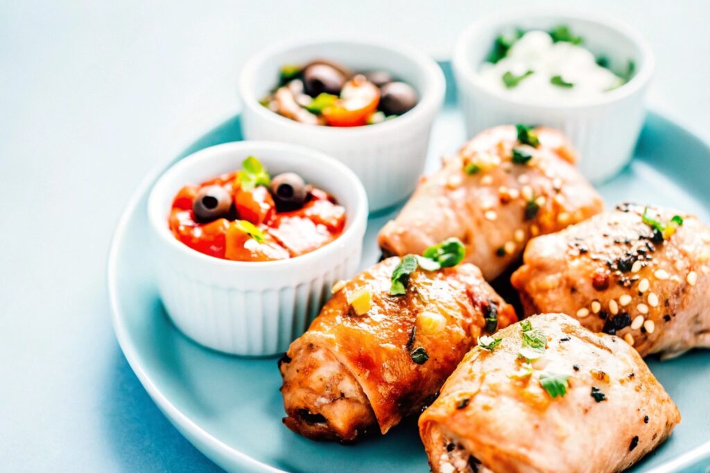 A serving platter featuring three variations of smoked chicken thighs: Mediterranean with lemon, Cajun with paprika, and Asian-inspired with sesame seeds