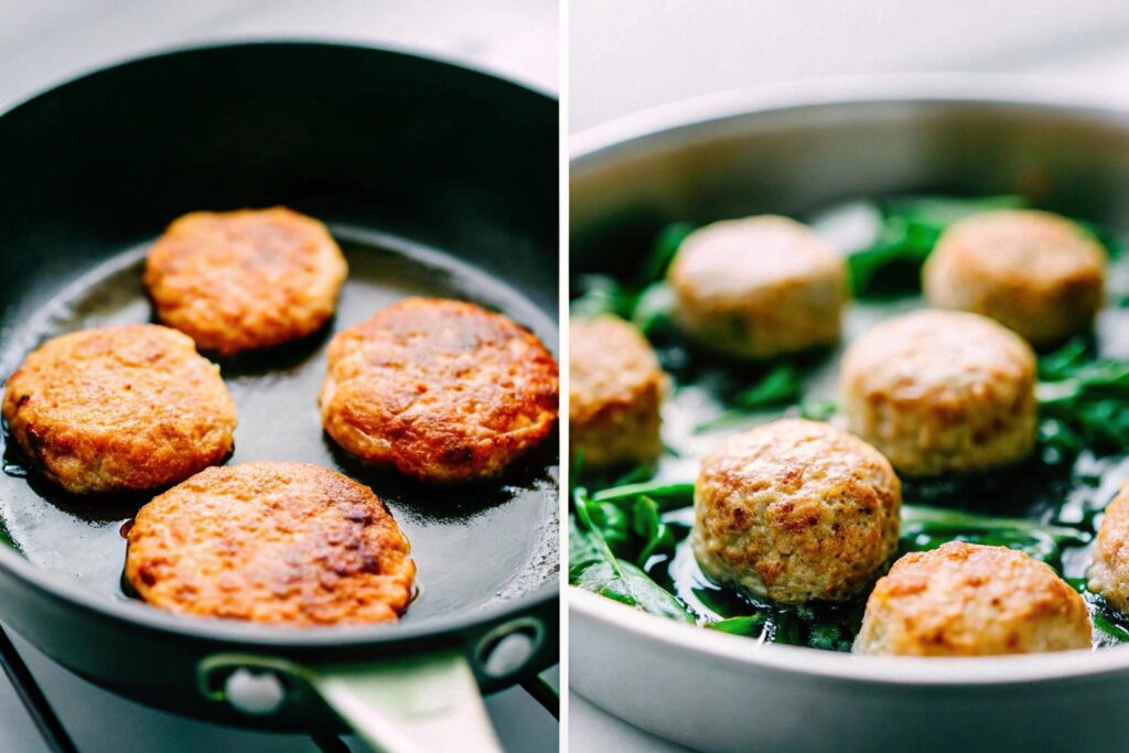 A rustic kitchen counter displaying two plates: one featuring golden salmon patties and the other showcasing crispy salmon croquettes, garnished with fresh herbs