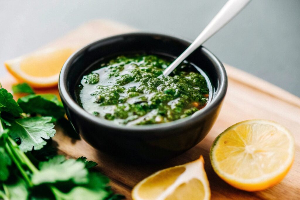 A small bowl of vibrant green salsa verde with a spoon, surrounded by fresh parsley and lemon slices