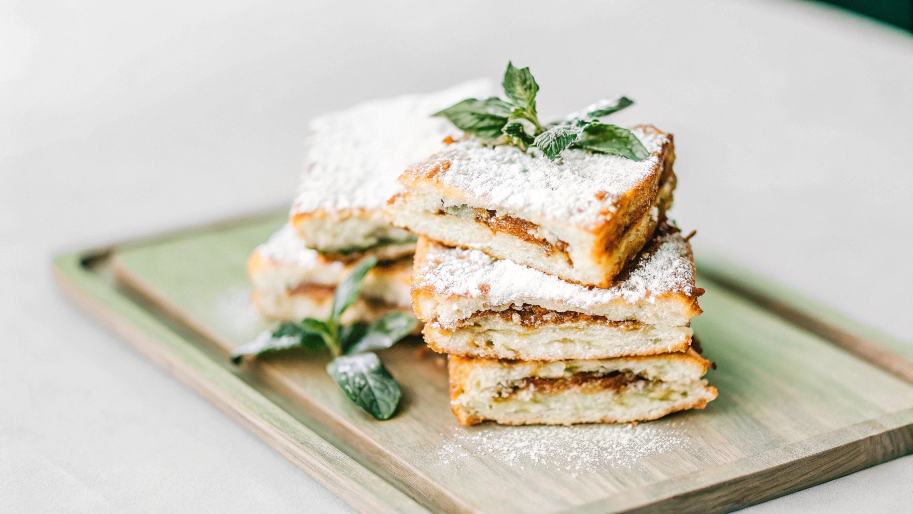 Golden-brown French toast slices made from Hawaiian rolls, stacked and dusted with powdered sugar, garnished with fresh mint leaves on a rustic wooden board