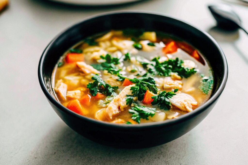 A steaming bowl of chicken and vegetable broth garnished with parsley on a kitchen counter.