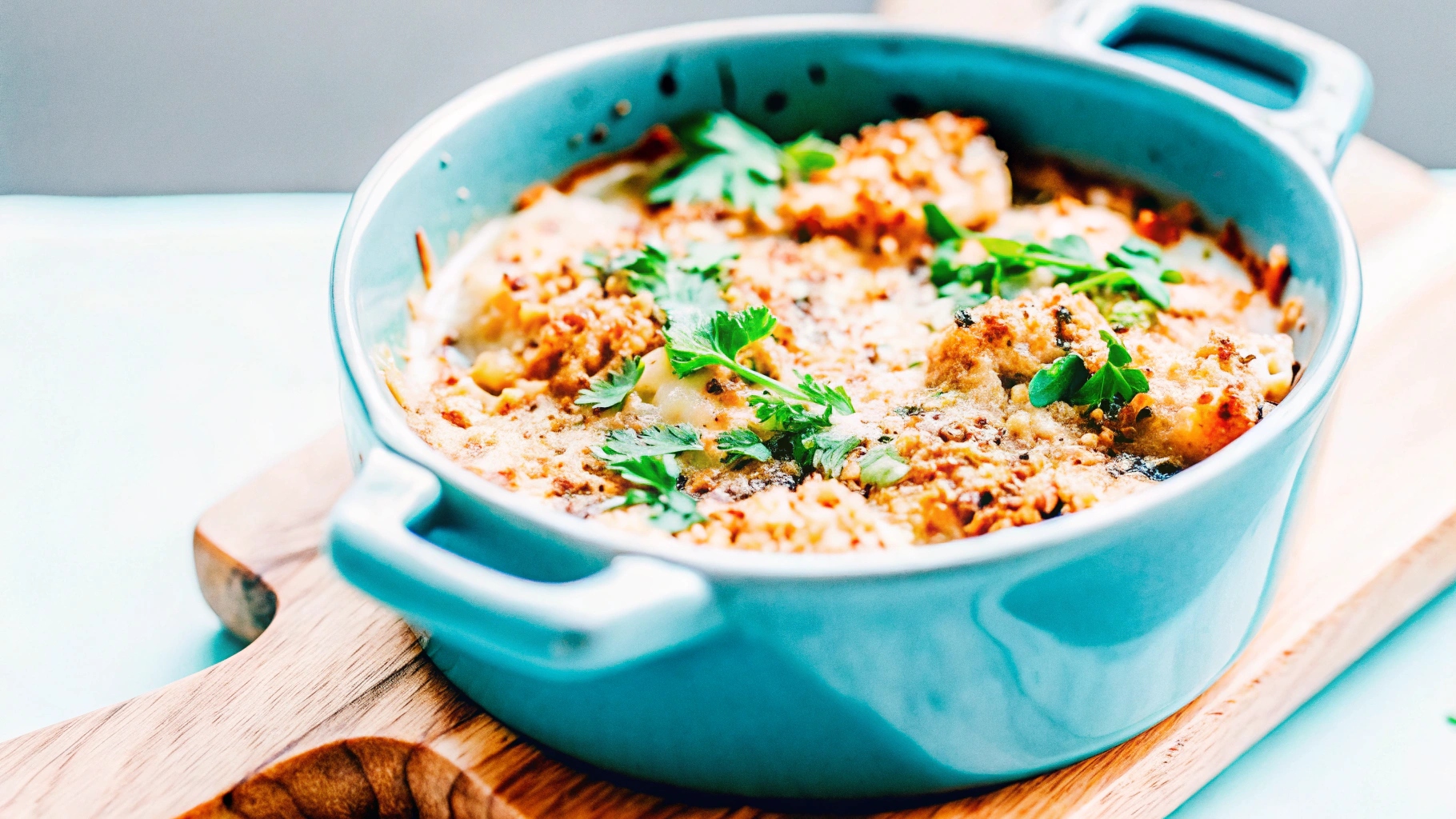 A steaming chicken casserole fresh from the oven, topped with golden breadcrumbs and garnished with fresh parsley