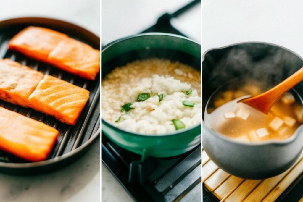 A step-by-step collage of preparing a Japanese breakfast, showing salmon on the grill, rice being cooked, and miso soup being stirred in a pot