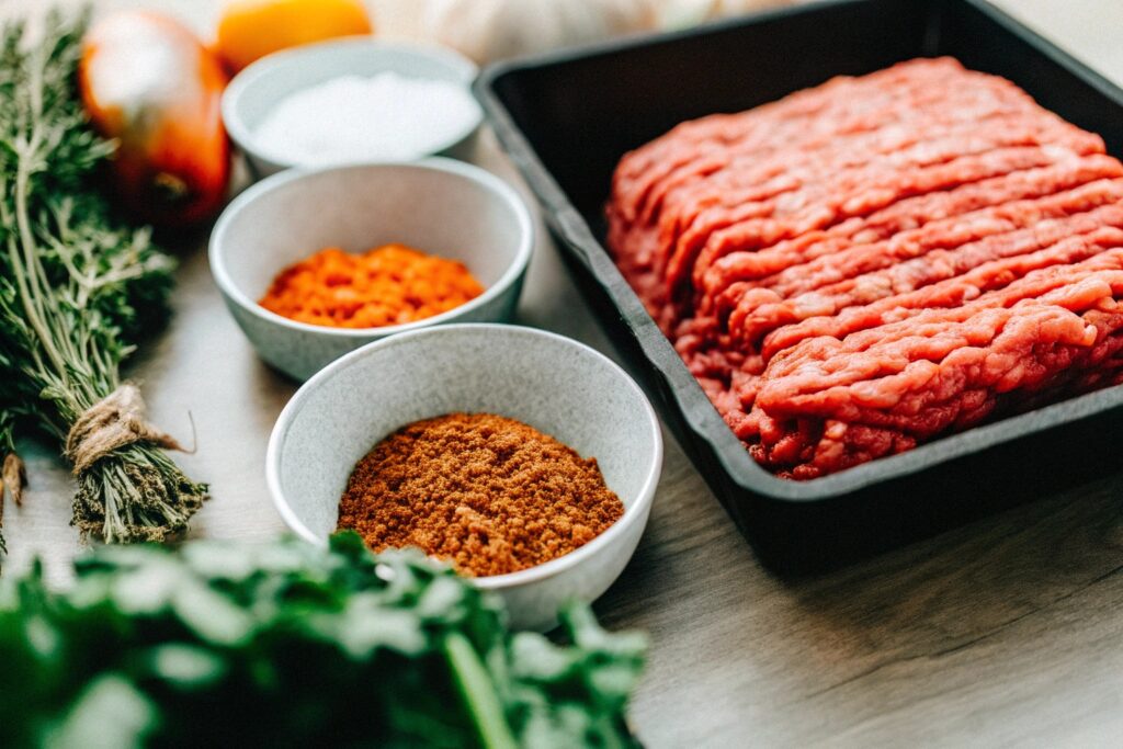 Ingredients for Chipotle-style ground beef, including ground beef, chipotle chili powder, cumin, oregano, and other spices, displayed on a wooden countertop