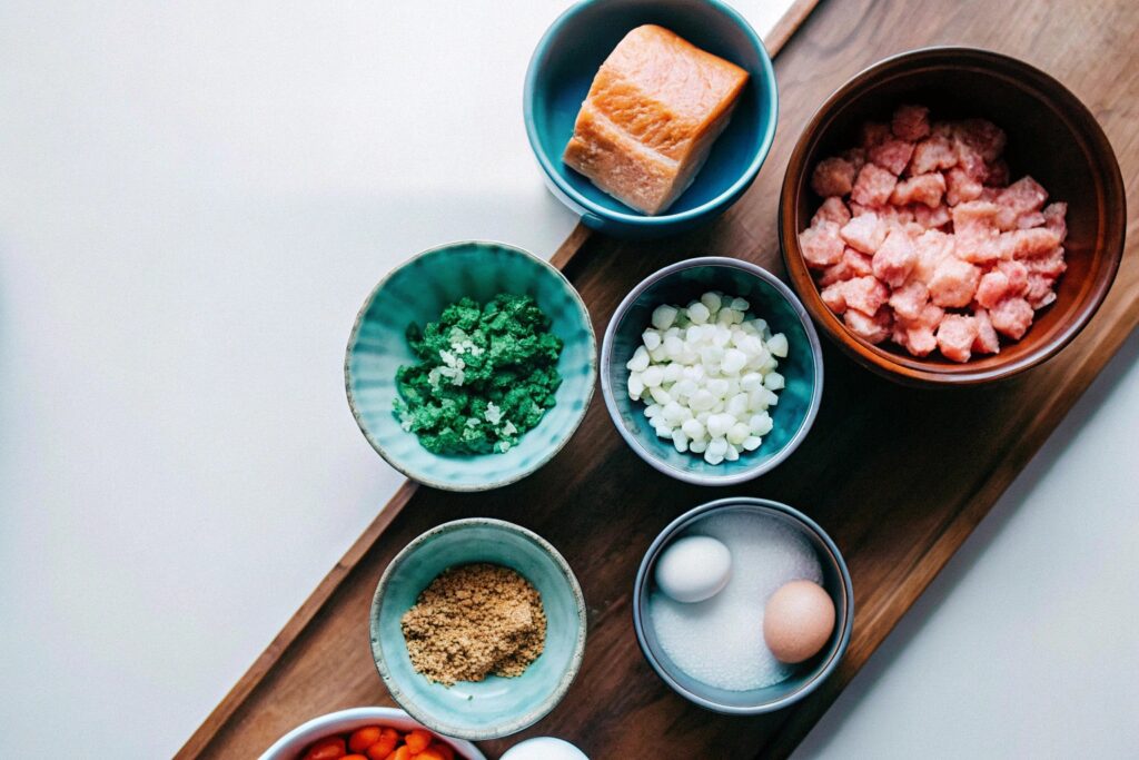 "A top-down view of fresh and canned salmon, breadcrumbs, eggs, chopped parsley, lemon, and other ingredients neatly arranged on a wooden kitchen counter, ready to make salmon patties.