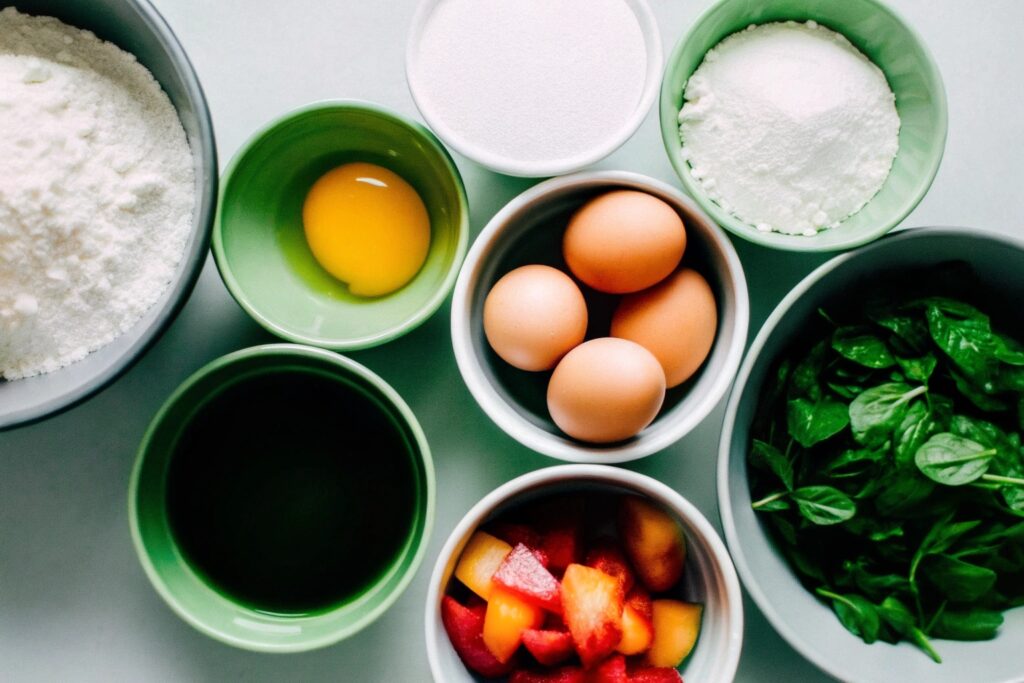 An overhead view of ingredients like flour, eggs, fruits, and syrups laid out neatly on a kitchen counter.